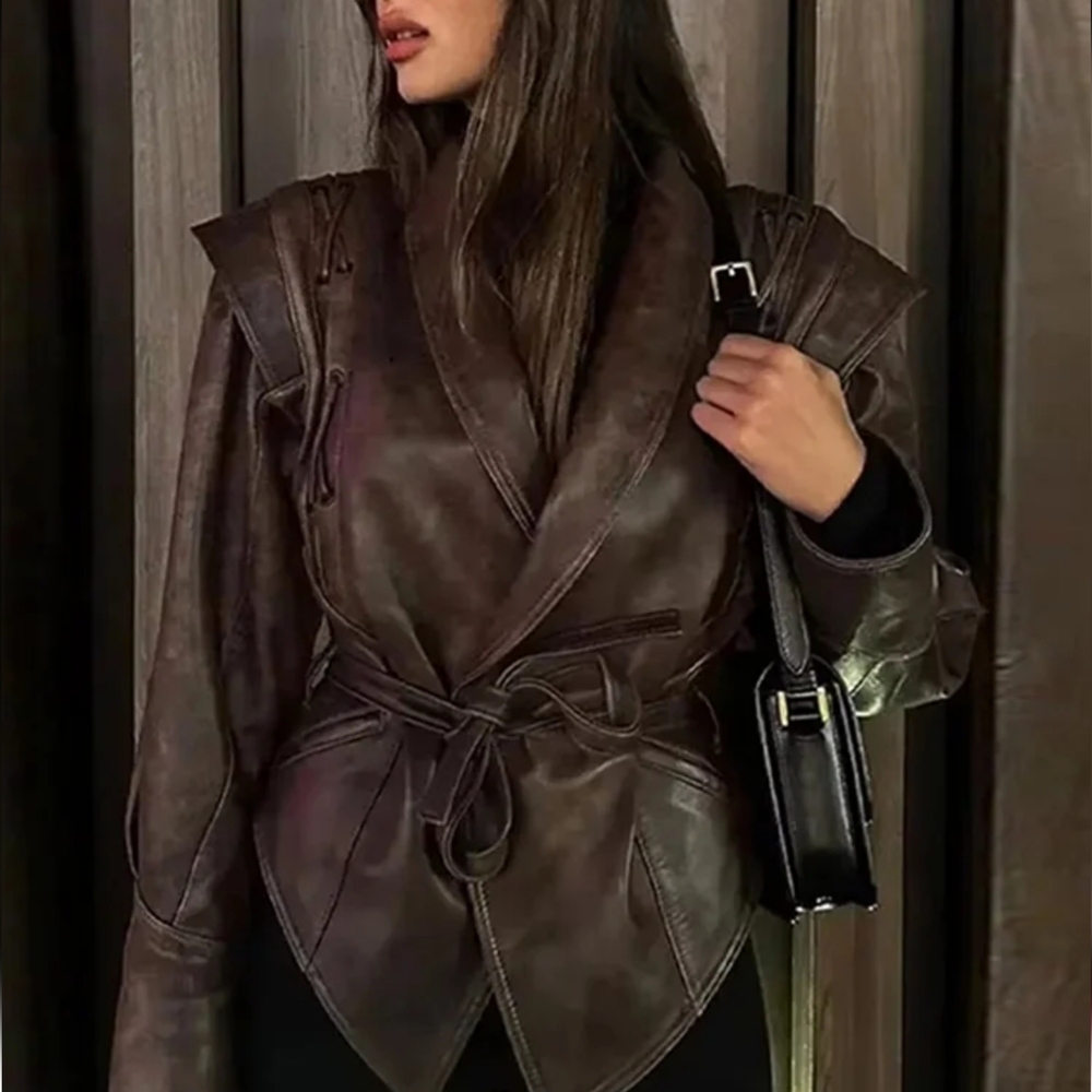 Faux Leather Brown Women Jackets 2024 Belt Lace Up Lapel Female Coat Vintage - Picture 4 of 8